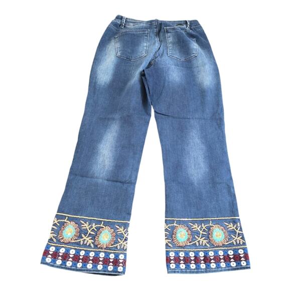 Embroidered Hem Jeans Blue‎ Denim Pants Floral Bohemian Women's - Picture 2 of 8